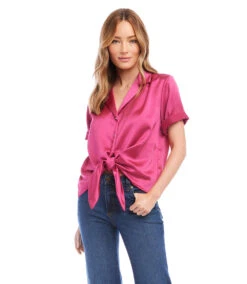 Roll Sleeve Tie Front Top